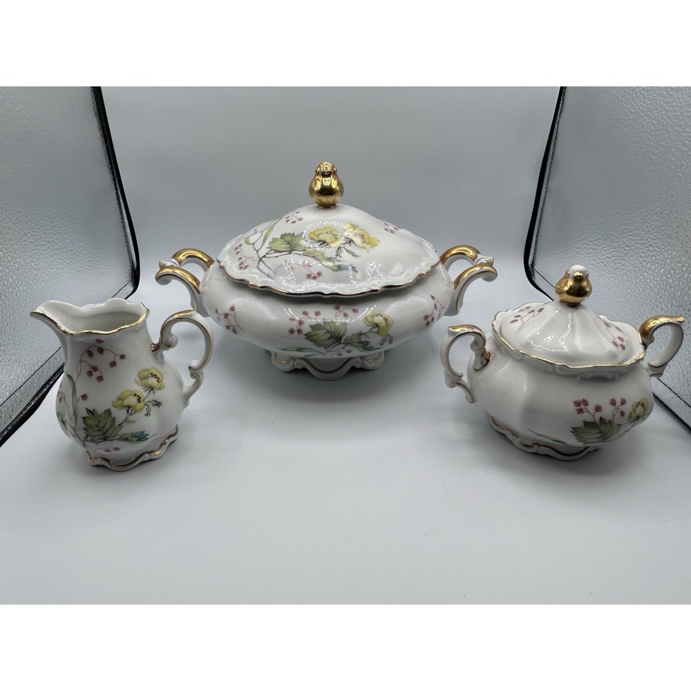 Mitterteich Floral Bavaria Germany 3‎ Pc Set Covered Bowl, Sugar Bowl, Pitcher